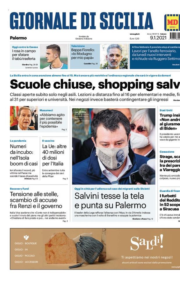 Prima Pagina, Giornale di Sicilia: “Scuole chiuse, shopping salvo. I rosa in campo per sfatare il tabù trasferta” 