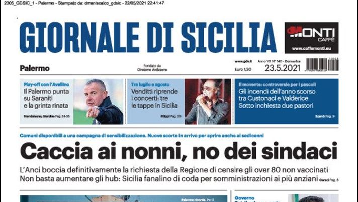 Prima Pagina, Giornale di Sicilia: “Caccia ai nonni, no dei sindaci. Falcone, 29 anni dopo. Il Palermo punta su Saraniti” Prima Pagina, Giornale di Sicilia: “Caccia ai nonni, no dei sindaci. Falcone, 29 anni dopo. Il Palermo punta su Saraniti”