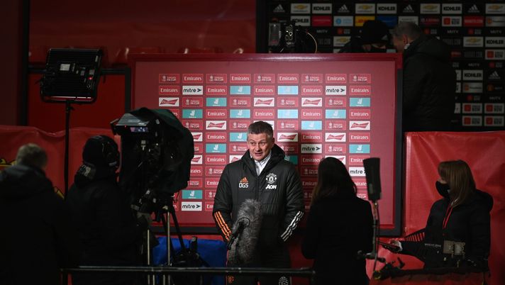 MANCHESTER, ENGLAND - FEBRUARY 09: Ole Gunnar Solskjaer, Manager of Manchester United talks to the media prior to The Emirates FA Cup Fifth Round match between Manchester United and West Ham United at Old Trafford on February 09, 2021 in Manchester, England. Sporting stadiums around the UK remain under strict restrictions due to the Coronavirus Pandemic as Government social distancing laws prohibit fans inside venues resulting in games being played behind closed doors. (Photo by Michael Regan/Getty Images) MANCHESTER, ENGLAND - FEBRUARY 09: Ole Gunnar Solskjaer, Manager of Manchester United talks to the media prior to The Emirates FA Cup Fifth Round match between Manchester United and West Ham United at Old Trafford on February 09, 2021 in Manchester, England. Sporting stadiums around the UK remain under strict restrictions due to the Coronavirus Pandemic as Government social distancing laws prohibit fans inside venues resulting in games being played behind closed doors. (Photo by Michael Regan/Getty Images)