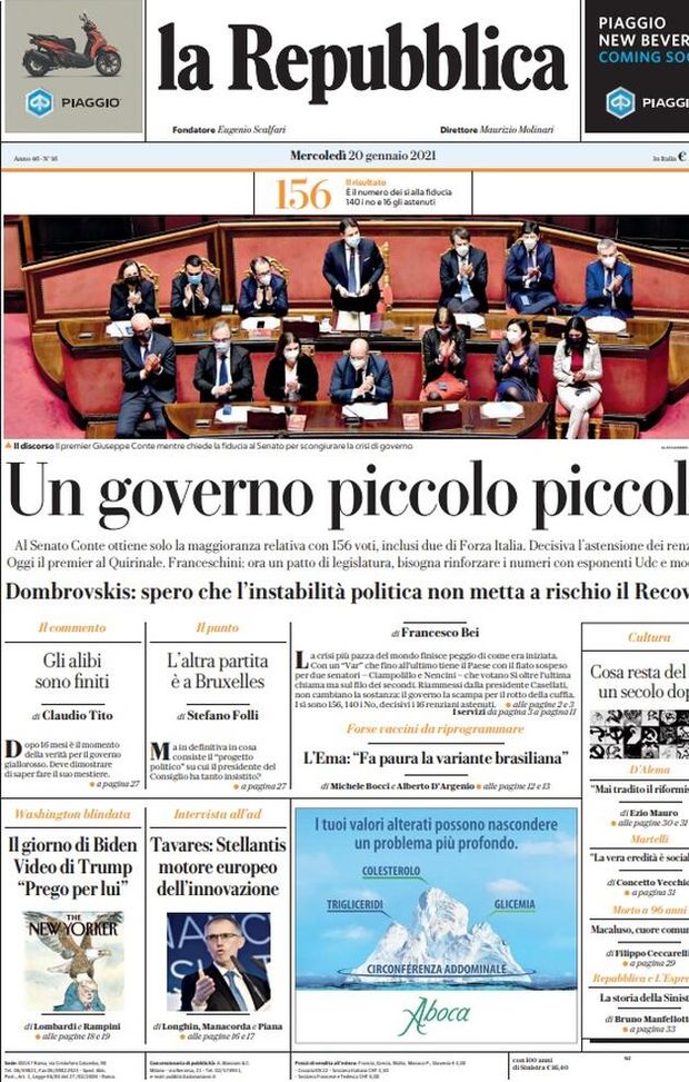 Prima Pagina, La Repubblica: &#8220;Un Governo piccolo, maggioranza relativa per Conte al Senato&#8221; 