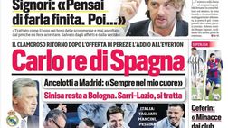 Prima Pagina, Corriere dello Sport: “Carlo re di Spagna. Signori: ‘Pensai di farla finita’. Sarri-Lazio, si tratta”