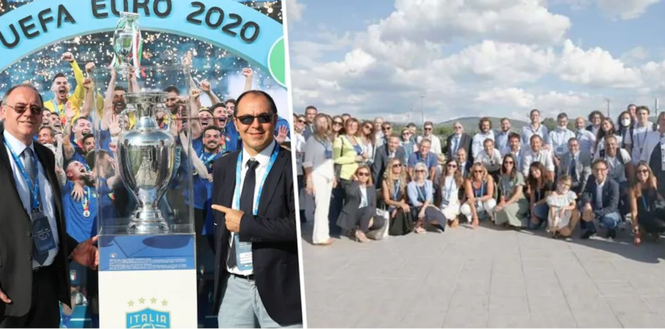 Coverciano, tutti i rappresentati degli sponsor posano con la coppa degli Euro2020 Coverciano, tutti i rappresentati degli sponsor posano con la coppa degli Euro2020