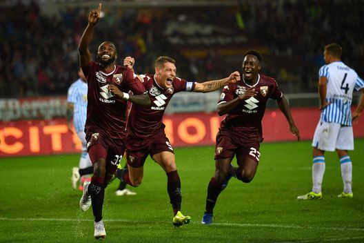 TURIN, ITALY - SEPTEMBER 02: Nicolas Nkoulou (L) of Torino FC celebrates after scoring the opening goal with team mates Andrea Belotti and Soualiho Meite during the Serie A match between Torino FC and SPAL at Stadio Olimpico di Torino on September 2, 2018 in Turin, Italy. (Photo by Valerio Pennicino/Getty Images) TURIN, ITALY - SEPTEMBER 02: Nicolas Nkoulou (L) of Torino FC celebrates after scoring the opening goal with team mates Andrea Belotti and Soualiho Meite during the Serie A match between Torino FC and SPAL at Stadio Olimpico di Torino on September 2, 2018 in Turin, Italy. (Photo by Valerio Pennicino/Getty Images)