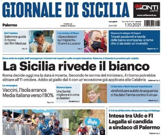 Prima Pagina, Giornale di Sicilia: “L’Isola rivede il bianco” Prima Pagina