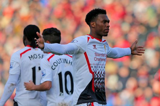 BOURNEMOUTH, ENGLAND - JANUARY 25: Daniel Sturridge of Liverpool celebrates scoring their second goal during the FA Cup Fourth Round match between Bournemouth and Liverpool at Goldsands Stadium on January 25, 2014 in Bournemouth, England. (Photo by Ian Walton/Getty Images) BOURNEMOUTH, ENGLAND - JANUARY 25: Daniel Sturridge of Liverpool celebrates scoring their second goal during the FA Cup Fourth Round match between Bournemouth and Liverpool at Goldsands Stadium on January 25, 2014 in Bournemouth, England. (Photo by Ian Walton/Getty Images)