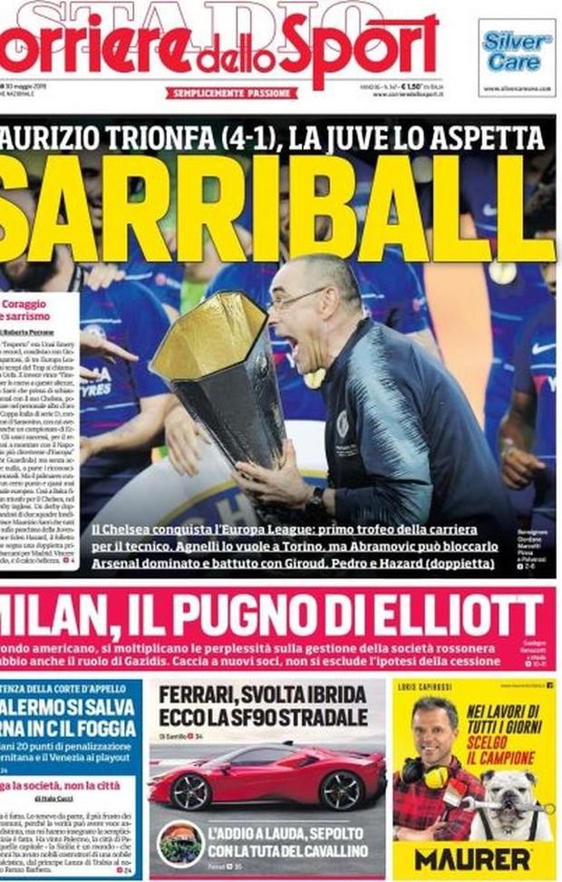 Prima Pagina, Corriere dello Sport: “Sarriball. Il Palermo si salva. Milan, il pugno di Elliott” Prima Pagina, Corriere dello Sport: “Sarriball. Il Palermo si salva. Milan, il pugno di Elliott”