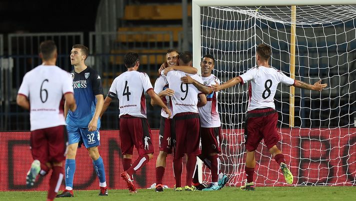 EMPOLI, ITALY - AUGUST 12: Mattia Finotto #11 celebrates after scoring a goal during the Coppa Italia match between Empoli FC and Cittadella at Stadio Carlo Castellani on August 12, 2018 in Empoli, Italy. (Photo by Gabriele Maltinti/Getty Images) FINOTTO DERBY DI MERCATO PADOVA
