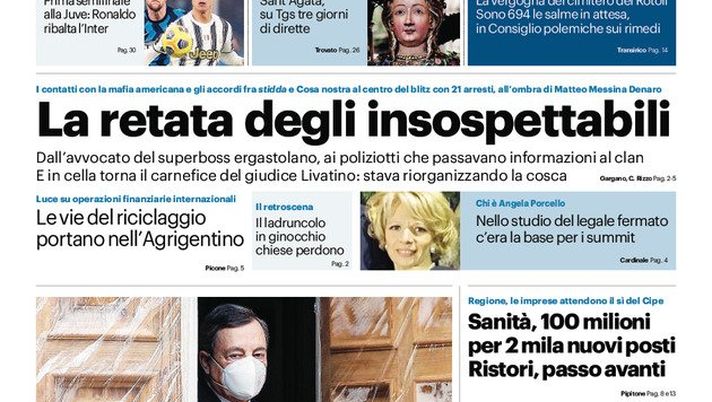 Prima Pagina, Giornale di Sicilia: &#8220;Mafia, la retata degli insospettabili. Politica in tilt, tocca a Draghi&#8221;