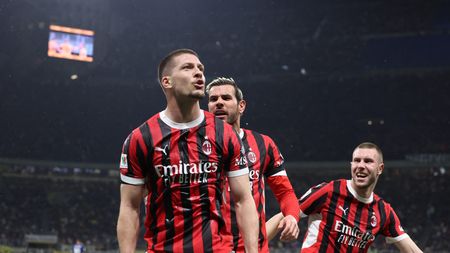 MILAN, ITALY - APRIL 23: Luka Jovic of AC Milan celebrates with team-mates after scoring the goal during the Coppa Italia Semi Final match between FC Internazionale and AC Milan at Stadio Giuseppe Meazza on April 23, 2025 in Milan, Italy. (Photo by Claudio Villa/AC Milan via Getty Images)