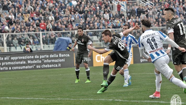 Il gol di Mario Pasalic al 41' di Pescara-Milan (credits: acmilan.com Pasalic Pescara-Milan
