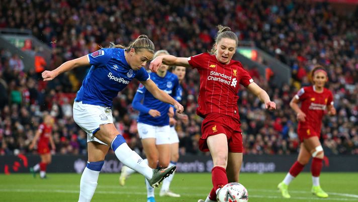 LIVERPOOL, ENGLAND - NOVEMBER 17: Simone Magill of Everton clears the ball from Niamh Charles of Liverpool during the Barclays FA Women's Super League match between Liverpool and Everton at Anfield on November 17, 2019 in Liverpool, United Kingdom. (Photo by Alex Livesey/Getty Images) LIVERPOOL, ENGLAND - NOVEMBER 17: Simone Magill of Everton clears the ball from Niamh Charles of Liverpool during the Barclays FA Women's Super League match between Liverpool and Everton at Anfield on November 17, 2019 in Liverpool, United Kingdom. (Photo by Alex Livesey/Getty Images)