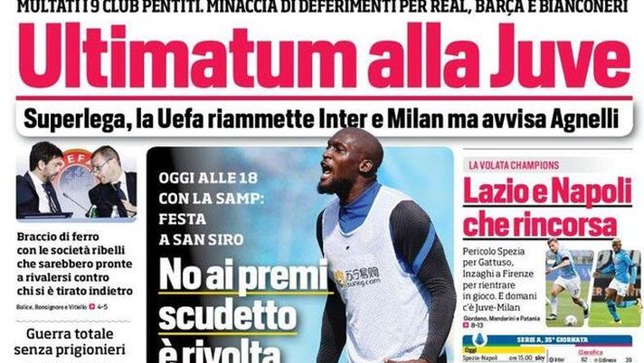 Prima Pagina, Corriere dello Sport: “Ultimatum alla Juve! No ai premi scudetto, è rivolta Inter” Prima Pagina, Corriere dello Sport: “Ultimatum alla Juve! No ai premi scudetto, è rivolta Inter”