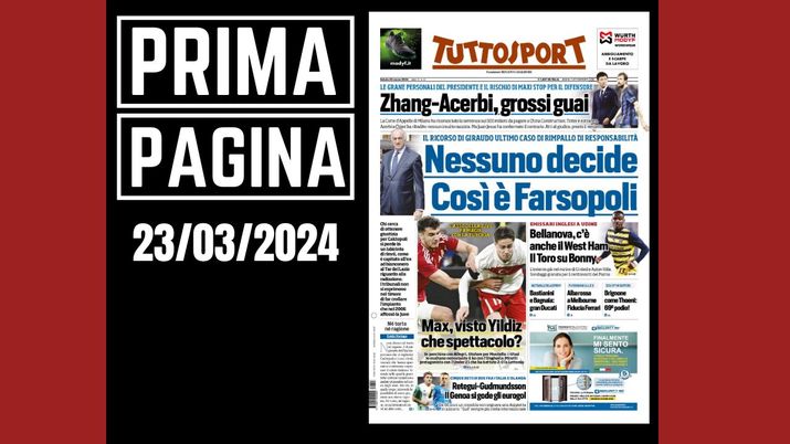 Prima pagina Tuttosport: Zhang-Acerbi, Inter grossi guai