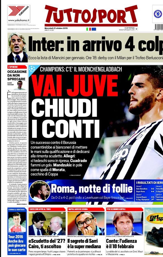 Prima Pagina, Tuttosport: “Vai Juve, chiudi i conti contro il Borussia. Roma, notte di follie. Napoli, ecco il segreto di Sarri. Scommessopoli, Conte e l’udienza del 18 febbraio” 