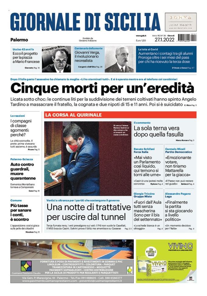 Prima Pagina, Giornale di Sicilia: “Cinque morti per un’eredità” Prima Pagina, Giornale di Sicilia: “Cinque morti per un’eredità” - immagine 1