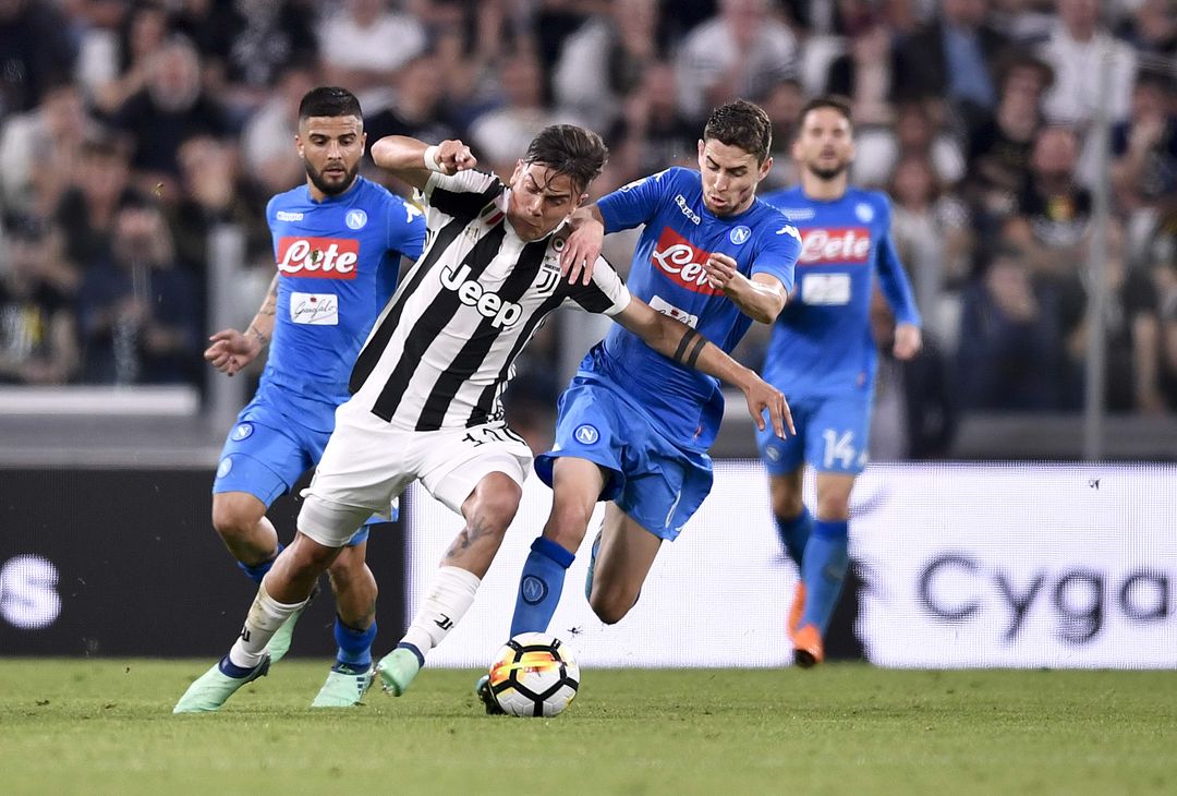  TURIN, ITALY - APRIL 22: Paulo Dybala of Juventus competes for the ball  during the serie A match between Juventus and SSC Napoli on April 22, 2018 in Turin, Italy.  (Photo by Daniele Badolato - Juventus FC/Juventus FC via Getty Images) 