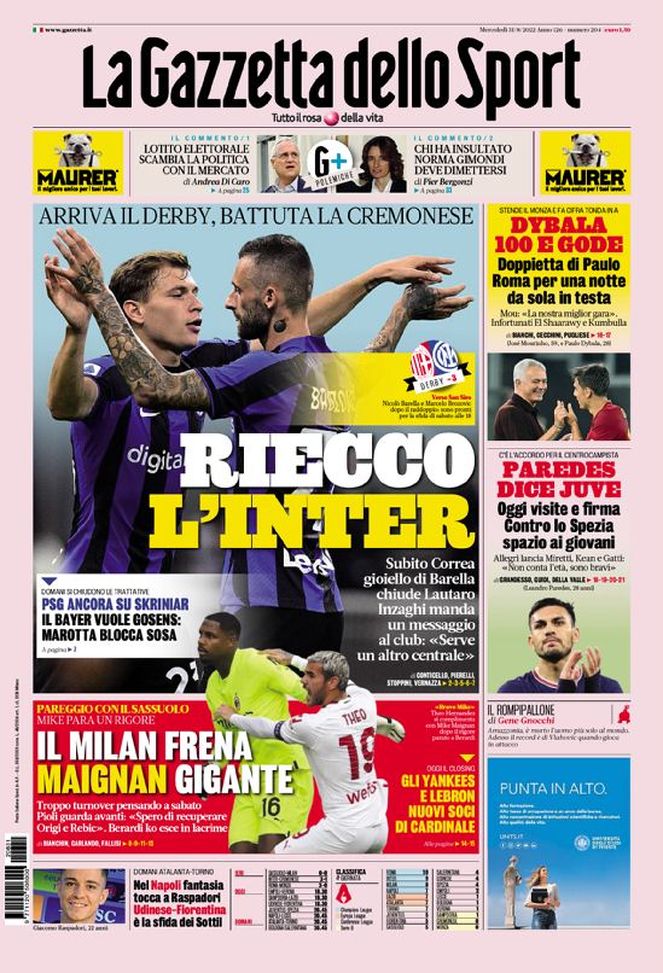 La Gazzetta dello Sport, la prima pagina di oggi, mercoledì 31 agosto 2022