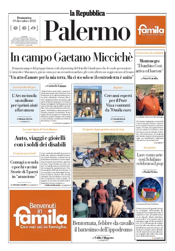 Prima Pagina, La Repubblica-Palermo: “In campo Gaetano Miccichè” Prima Pagina, La Repubblica-Palermo: “In campo Gaetano Miccichè” - immagine 1