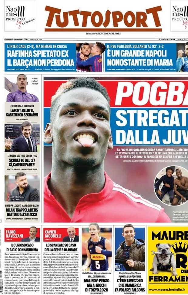 Prima Pagina, Tuttosport: “Pogba stregato dalla Juve. Rafinha spietato ex. Un grande Napoli. Milan, trappola Betis…” Prima Pagina, Tuttosport: “Pogba stregato dalla Juve. Rafinha spietato ex. Un grande Napoli. Milan, trappola Betis…”