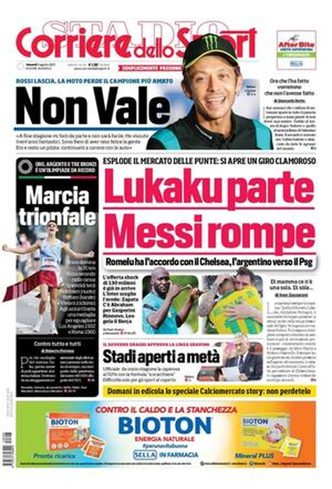 Prima Pagina, Corriere dello Sport: “Lukaku parte, Messi rompe. Stadi aperti a metà” 