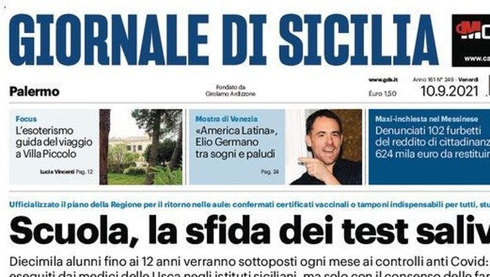 Prima Pagina, Giornale di Sicilia: &#8220;Scuola, la sfida dei test salivari&#8221; 