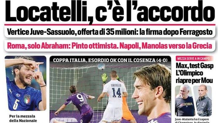 Prima Pagina, Corriere dello Sport: “Locatelli, c’è l’accordo. Roma solo Abraham” 