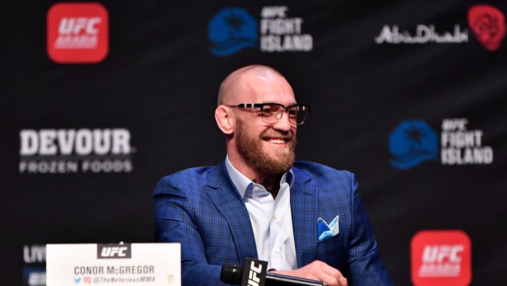ABU DHABI, UNITED ARAB EMIRATES - JANUARY 21: In this handout image provided by the UFC, Conor McGregor of Ireland interacts with media during the UFC 257 press conference event inside Etihad Arena on UFC Fight Island on January 21, 2021 in Yas Island, Abu Dhabi, United Arab Emirates. (Photo by Jeff Bottari/Zuffa LLC via Getty Images) ABU DHABI, UNITED ARAB EMIRATES - JANUARY 21: In this handout image provided by the UFC, Conor McGregor of Ireland interacts with media during the UFC 257 press conference event inside Etihad Arena on UFC Fight Island on January 21, 2021 in Yas Island, Abu Dhabi, United Arab Emirates. (Photo by Jeff Bottari/Zuffa LLC via Getty Images)