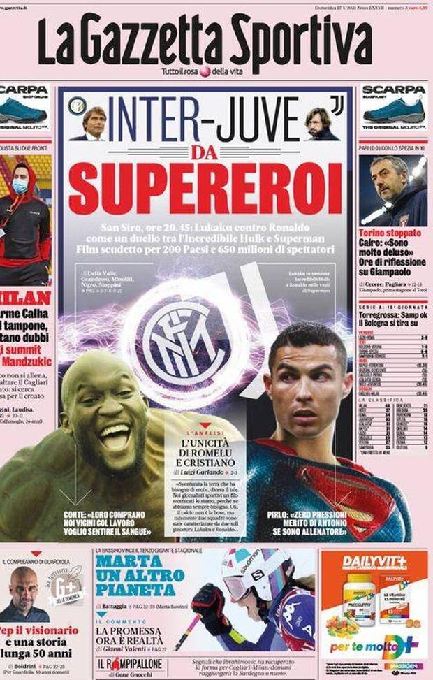  La Gazzetta dello Sport, la prima pagina di oggi, domenica 17 gennaio 2021 