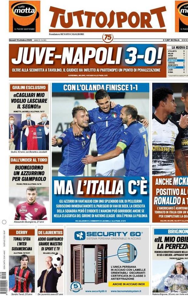 TUTTOSPORT – La Prima Pagina Di Oggi, 15 Ottobre 2020 - Pianeta Milan