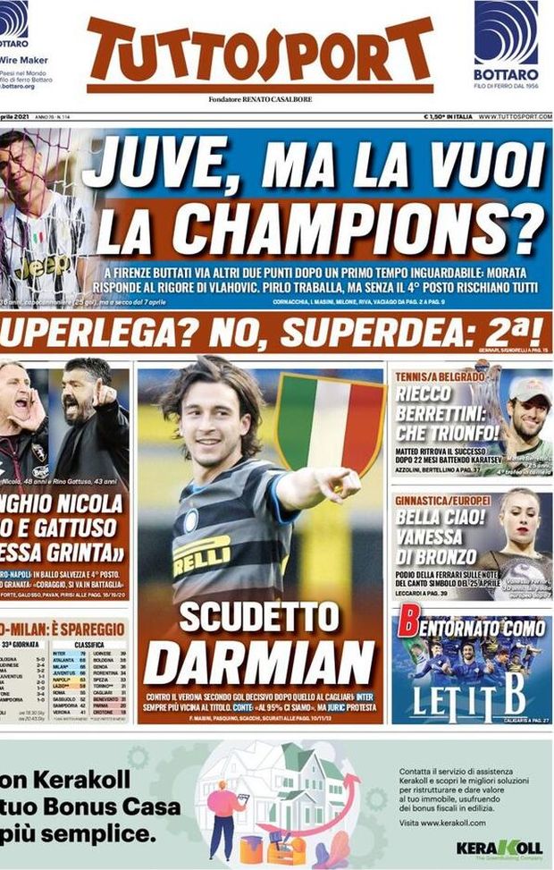 Tuttosport, la prima pagina di oggi, lunedì 26 aprile 2021 