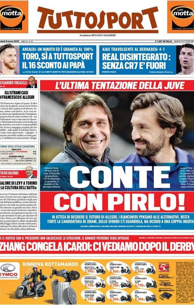 Prima Pagina, Tuttosport: “Conte con Pirlo! Real disintegrato. Zhang congela Icardi…” Prima Pagina, Tuttosport: “Conte con Pirlo! Real disintegrato. Zhang congela Icardi…”