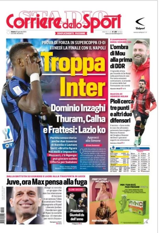 EDICOLA / CdS: Troppa Inter, prova di forza in Supercoppa. Lazio ko - immagine 1