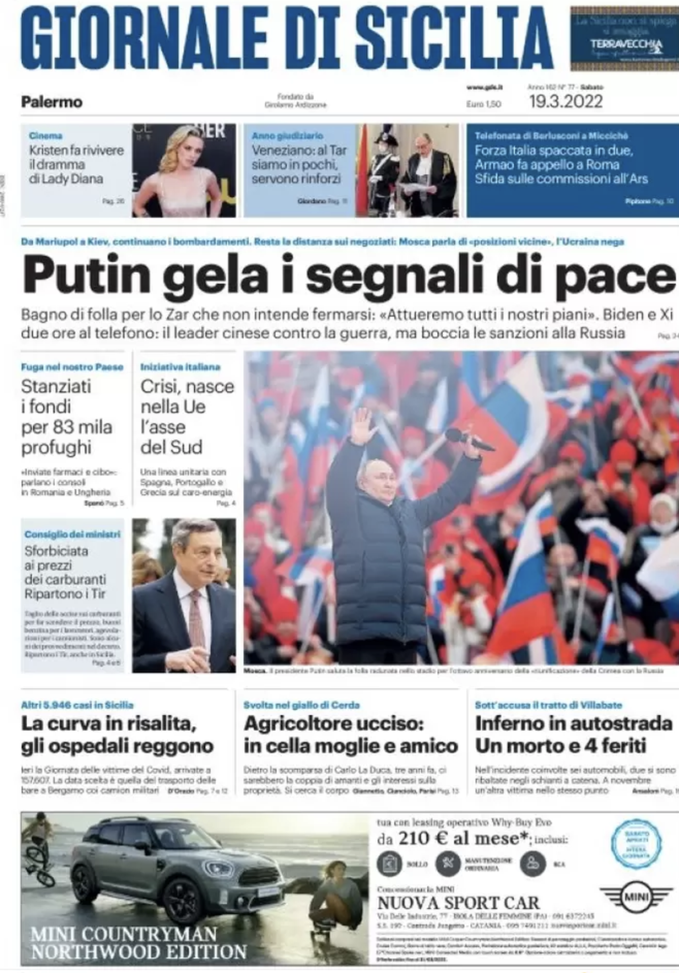 Prima Pagina, Giornale di Sicilia: “Putin gela i segnali di pace. Curva in risalita “ prima pagina