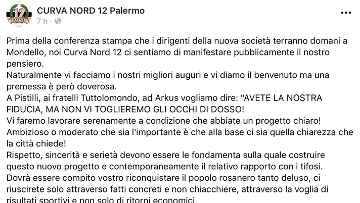 Palermo, il messaggio della Curva Nord 12 ad Arkus Network: “Avete la nostra fiducia, ma…” Palermo, il messaggio della Curva Nord 12 ad Arkus Network: “Avete la nostra fiducia, ma…”