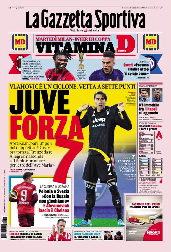 Prima Pagina, La Gazzetta dello Sport: “Juve forza 7. Vitamina Derby” Prima Pagina, La Gazzetta dello Sport: “Juve forza 7. Vitamina Derby” - immagine 1