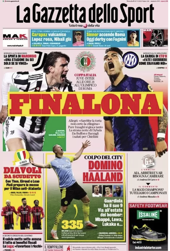 Prima Pagina, La Gazzetta dello Sport: “Finalona. Colpo City, dominio Haaland” prima pagina