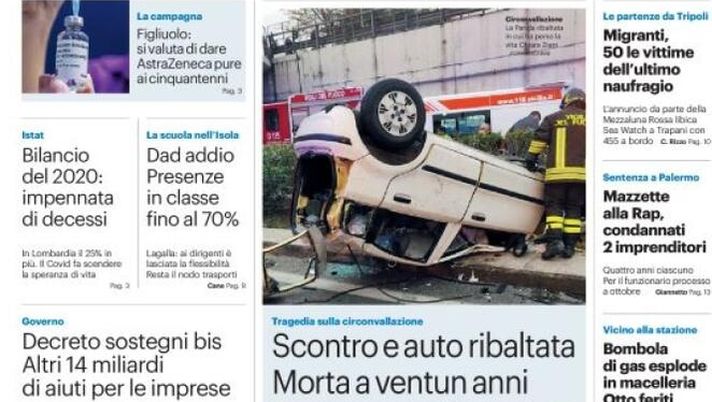 Prima Pagina, Giornale di Sicilia: &#8220;Vaccini le scorte straripano.Scontro e auto ribaltata, morta a ventun anni&#8221; 
