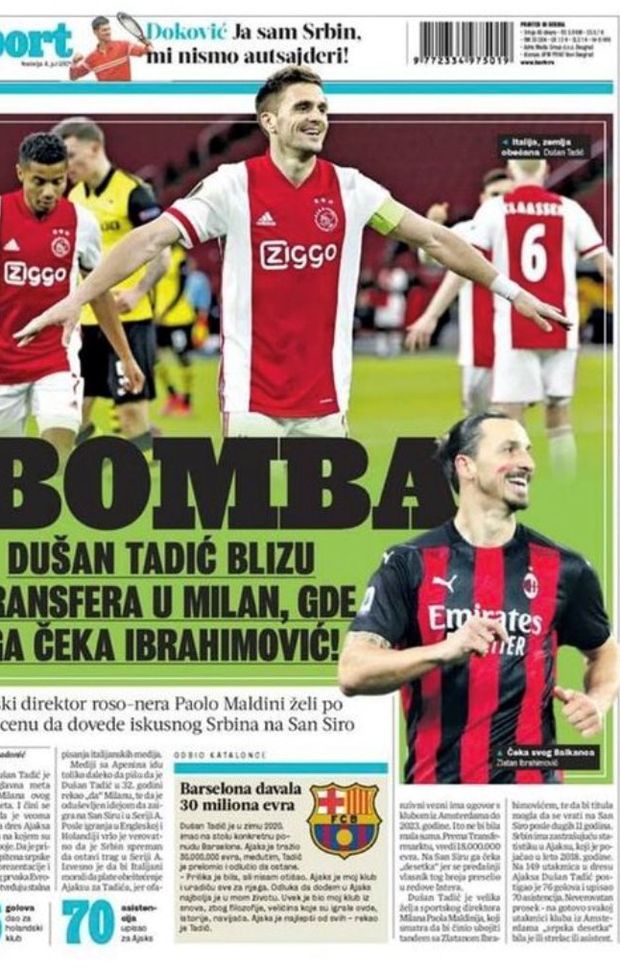  prima pagina sportiva del quotidiano serbo 'Kurir' dedicata a Tadic, obiettivo del Milan 