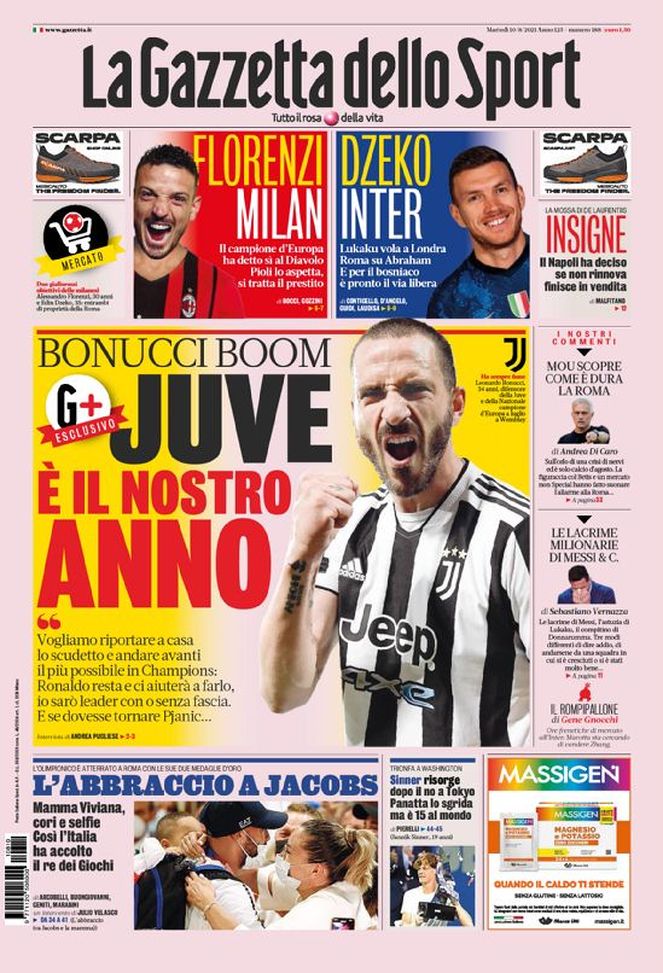 Prima Pagina, La Gazzetta dello Sport: “Bonucci boom: Juve, è il nostro anno” 