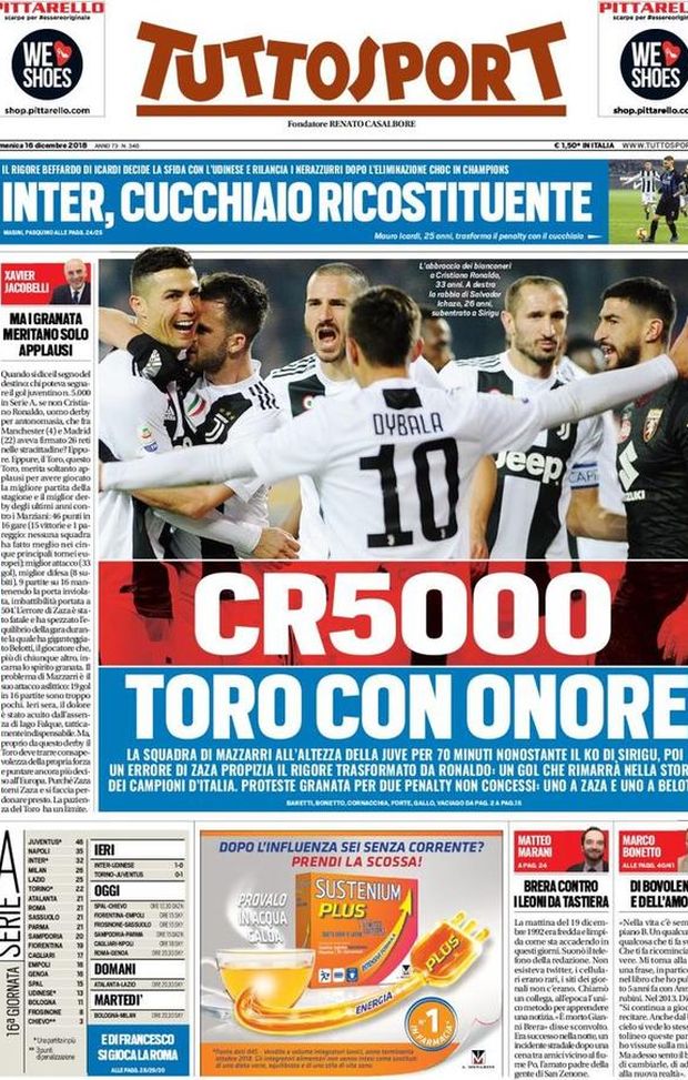 Prima Pagina, Tuttosport: “CR5000. Inter, cucchiaio ricostituente. Di Francesco si gioca la Roma…” Prima Pagina, Tuttosport: “CR5000. Inter, cucchiaio ricostituente. Di Francesco si gioca la Roma…”