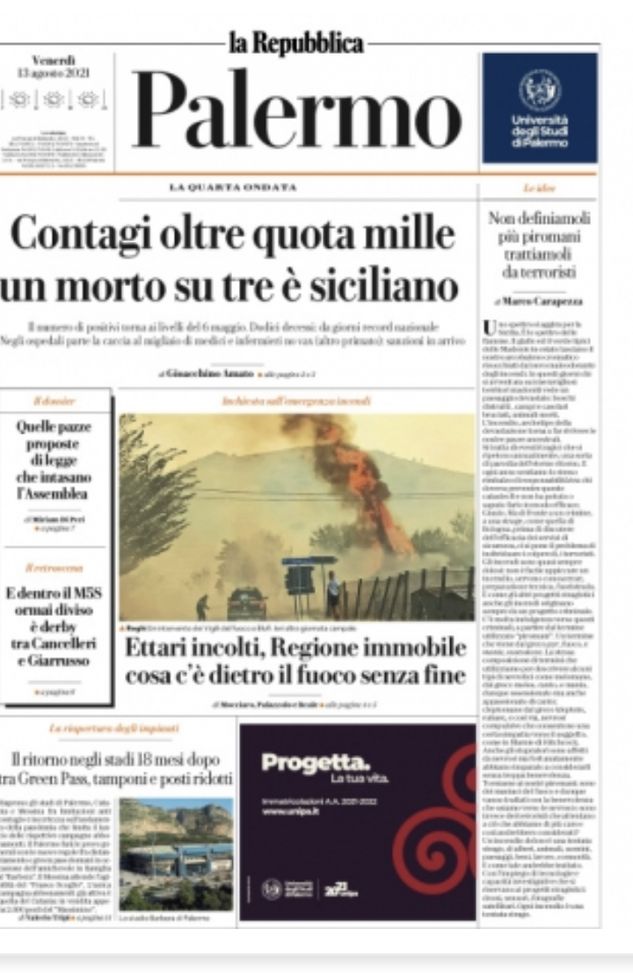 Prima Pagina, La Repubblica Palermo: “Contagi oltre mille, un morto su tre è siciliano “ 