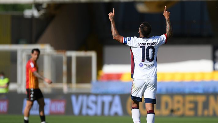 BENEVENTO, ITALY - MAY 09: Joao Pedro of Cagliari Calcio celebrates after scoring the 1-3 goal during the Serie A match between Benevento Calcio and Cagliari Calcio at Stadio Ciro Vigorito on May 09, 2021 in Benevento, Italy. Sporting stadiums around Italy remain under strict restrictions due to the Coronavirus Pandemic as Government social distancing laws prohibit fans inside venues resulting in games being played behind closed doors. (Photo by Francesco Pecoraro/Getty Images) BENEVENTO, ITALY - MAY 09: Joao Pedro of Cagliari Calcio celebrates after scoring the 1-3 goal during the Serie A match between Benevento Calcio and Cagliari Calcio at Stadio Ciro Vigorito on May 09, 2021 in Benevento, Italy. Sporting stadiums around Italy remain under strict restrictions due to the Coronavirus Pandemic as Government social distancing laws prohibit fans inside venues resulting in games being played behind closed doors. (Photo by Francesco Pecoraro/Getty Images)