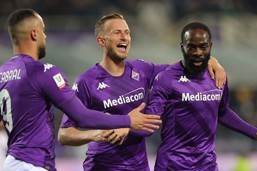 FLORENCE, ITALY - FEBRUARY 01: Jonathan Ikoné Nanitamo of ACF Fiorentina celebrates after scoring a goal during the Coppa Italia Quarter Final matcy between Fiorentina and Torino at Stadio Artemio Franchi on February 1, 2023 in Florence, Italy. (Photo by Gabriele Maltinti/Getty Images) Ikonè
