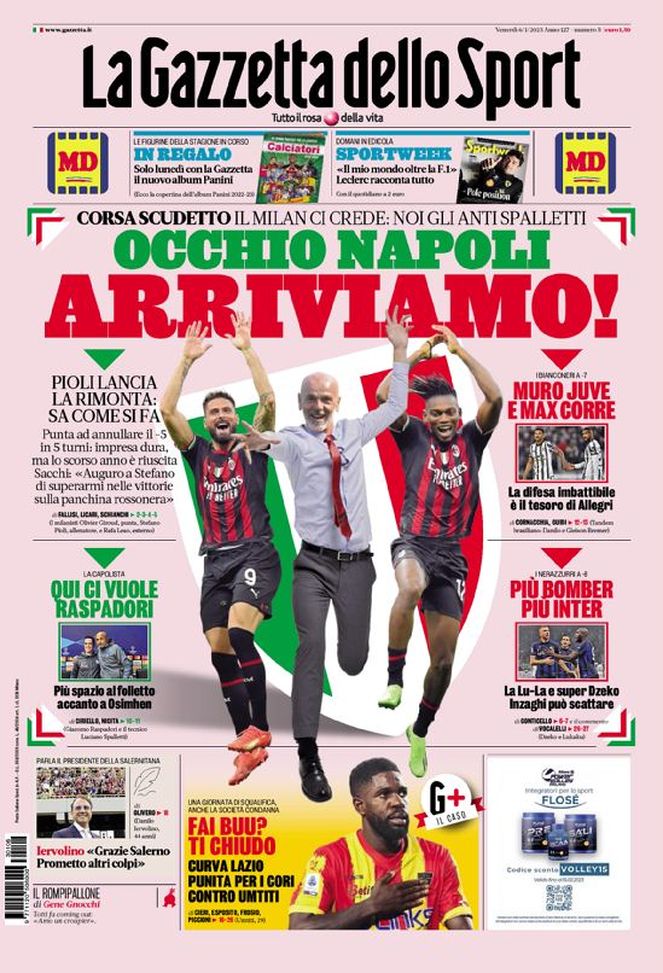 La Gazzetta dello Sport, la prima pagina di oggi, venerdì 6 gennaio 2023