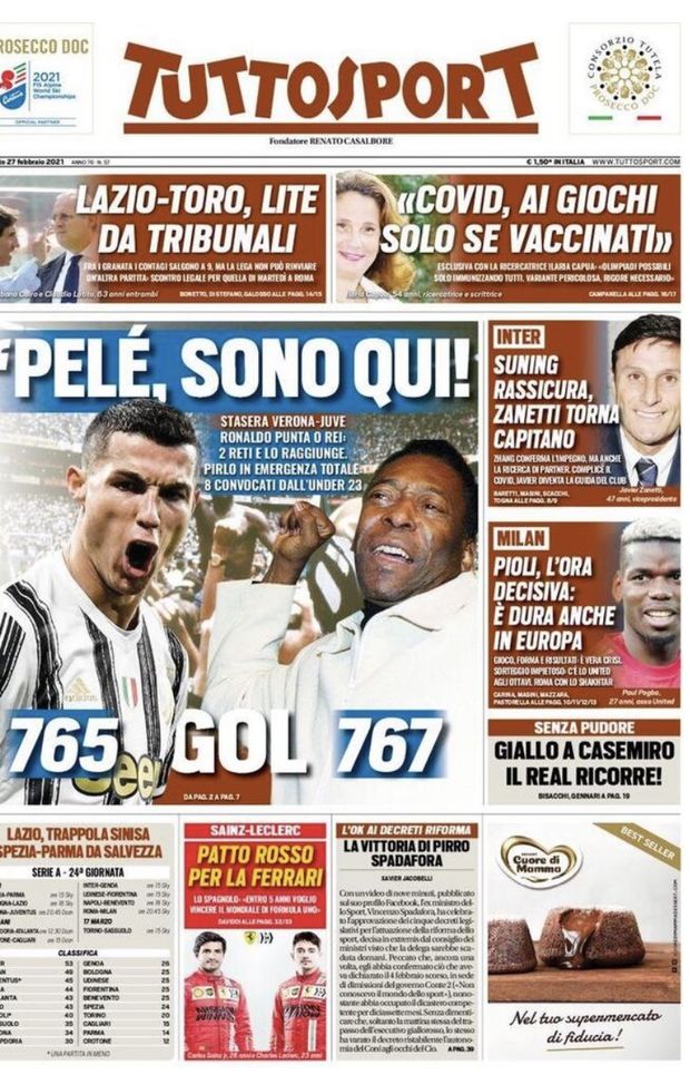 Prima Pagina, Tuttosport: “Pelé, sono qui! Ronaldo punta O Rei. Lazio-Toro, lite da tribunali” Prima Pagina, Tuttosport: “Pelé, sono qui! Ronaldo punta O Rei. Lazio-Toro, lite da tribunali”