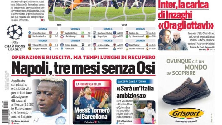 Prima Pagina, Corriere dello Sport: “Piccola Juve. Atalanta, pari con il brivido” 