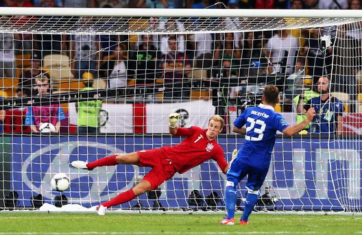 KIEV, UKRAINE - JUNE 24: Antonio Nocerino of Italy scores his penalty past Joe Hart of England in the shootout during the UEFA EURO 2012 quarter final match between England and Italy at The Olympic Stadium on June 24, 2012 in Kiev, Ukraine. (Photo by Alex Livesey/Getty Images) KIEV, UKRAINE - JUNE 24: Antonio Nocerino of Italy scores his penalty past Joe Hart of England in the shootout during the UEFA EURO 2012 quarter final match between England and Italy at The Olympic Stadium on June 24, 2012 in Kiev, Ukraine. (Photo by Alex Livesey/Getty Images)