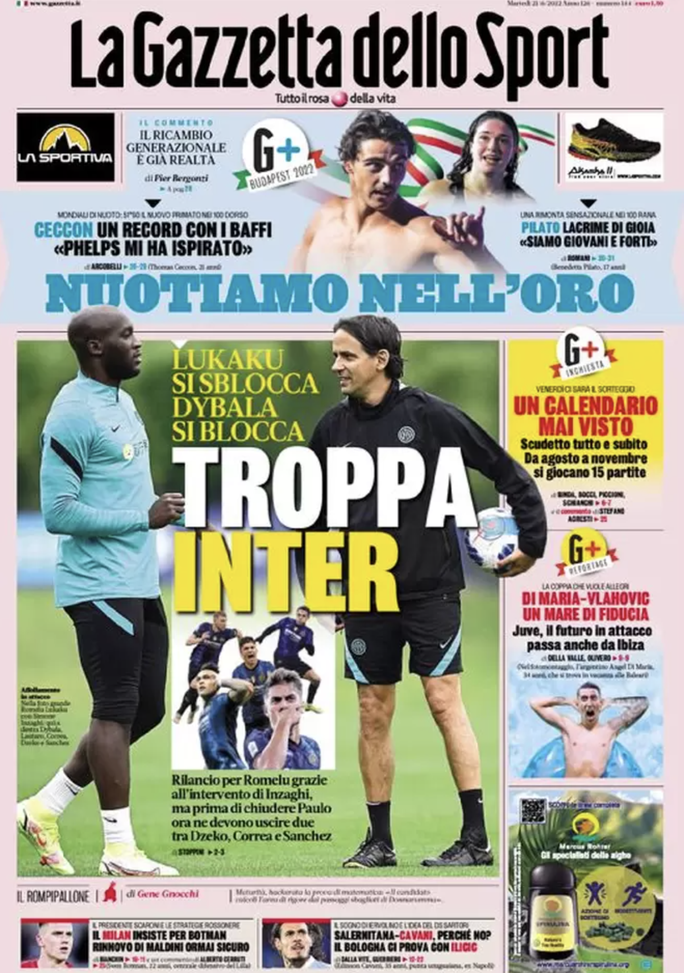 Prima Pagina, La Gazzetta dello Sport: “Troppa Inter, Lukaku si sblocca. Di Maria…” prima pagina