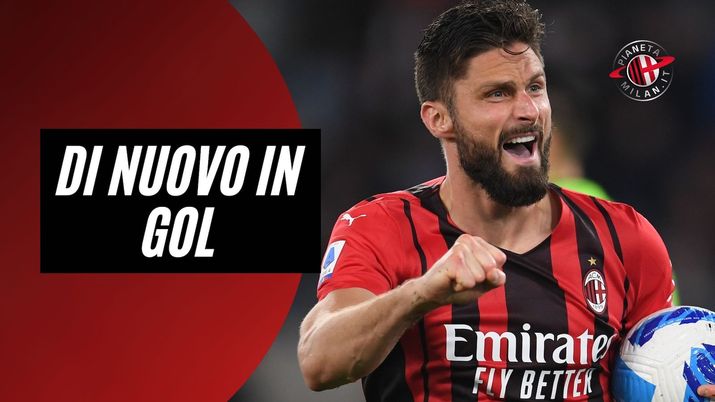 Olivier Giroud (attaccante AC Milan) esulta per il suo gol in Lazio-Milan 1-2 (Serie A 2021-2022) | News (Getty Images) Lazio-Milan 1-2 Serie A 2021-2022 Giroud
