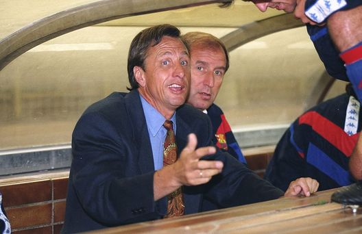 1996: Portrait of Barcelona Manager Johan Cruyff in the dug out during a match. Mandatory Credit: Clive Brunskill/Allsport 1996: Portrait of Barcelona Manager Johan Cruyff in the dug out during a match. Mandatory Credit: Clive Brunskill/Allsport